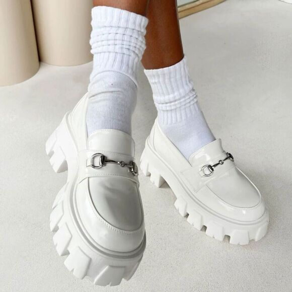 Steve Madden Trifecta Loafer White Patent Leather Lug Sole Horsebit Size 10 - Picture 1 of 8